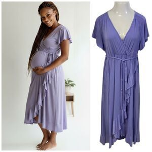 Isabel Maternity Dress Womens Large Purple Flutter Ruffle Cottage Coastal Office